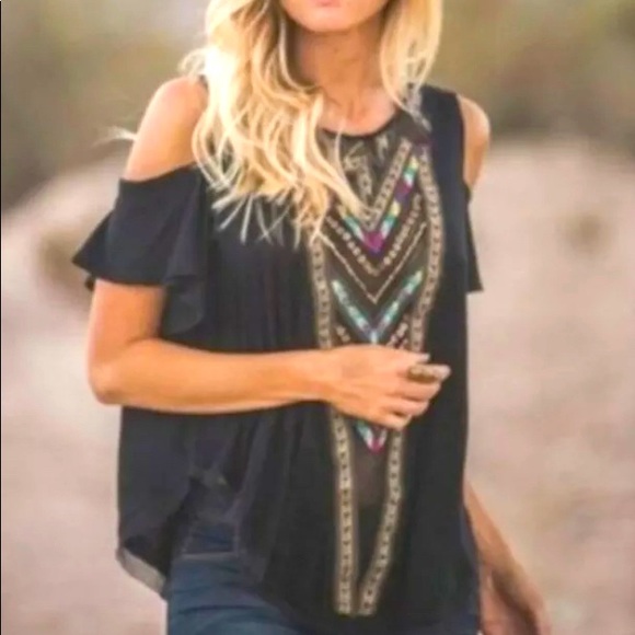 Free People Gypsy Boho Spell Embroidered Cold Shoulder Top; - Picture 1 of 4